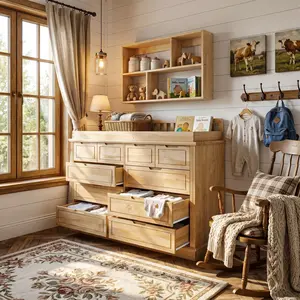 55.1" Wide Natural Wood 8-Drawer Dresser with Changing Table Topper, Baby Nursery Storage Chest with Recessed Safety Handles summervibes