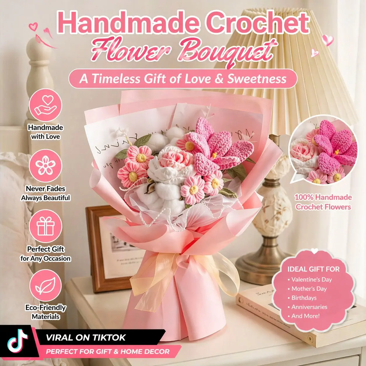Handmade Crochet Flower Bouquet, Decorative Artificial Flowers for Home Decoration, Indoor Floral Arrangement, Perfect Gift for Weddings, Parties, Valentine's Day, Decorative Faux Flowers, Artificial Fake Flowers