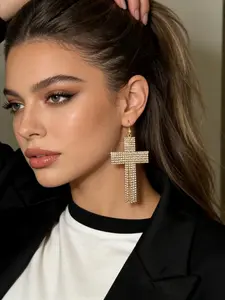 1 pair of gold imitation crystal cross pendant earrings, light up your nightlife style, exaggerated personalized jewelry, suitable for dinner parties