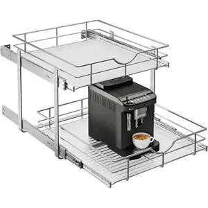 2-Tier Stainless Steel Pull Out Cabinet Organizer, Soft Close Damping Slides, Heavy Duty Chrome Plated Wire Basket with Shelf Liner,  for Kitchen Cabinets, Pantry Storage, Under Sink