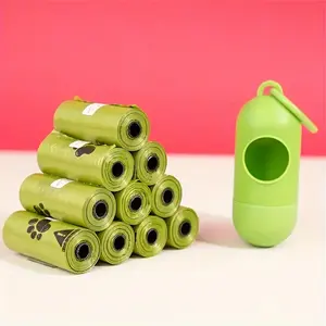 Eco-Friendly Green Dog Waste Bags with Paw Print Design Portable Durable Garbage Bag Rolls Super Strong Leak Proof Biodegradable Composite Material Tall Kitchen Trash Bags
