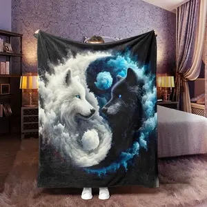 Taiji Dual Wolf Theme Fleece Blanket with Cloud Texture, Soft and Warm, Unique Home Decor Gift Idea, Flannel Fleece Blankets, Decorative Giftable Blankets