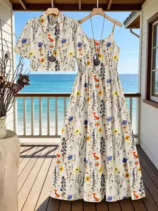 French Country Watercolor Floral Two-Piece Set, Versatile Lapel Short Sleeve Shirt & Waist Cinched Long Dress, Spring Summer Vacation Elegance