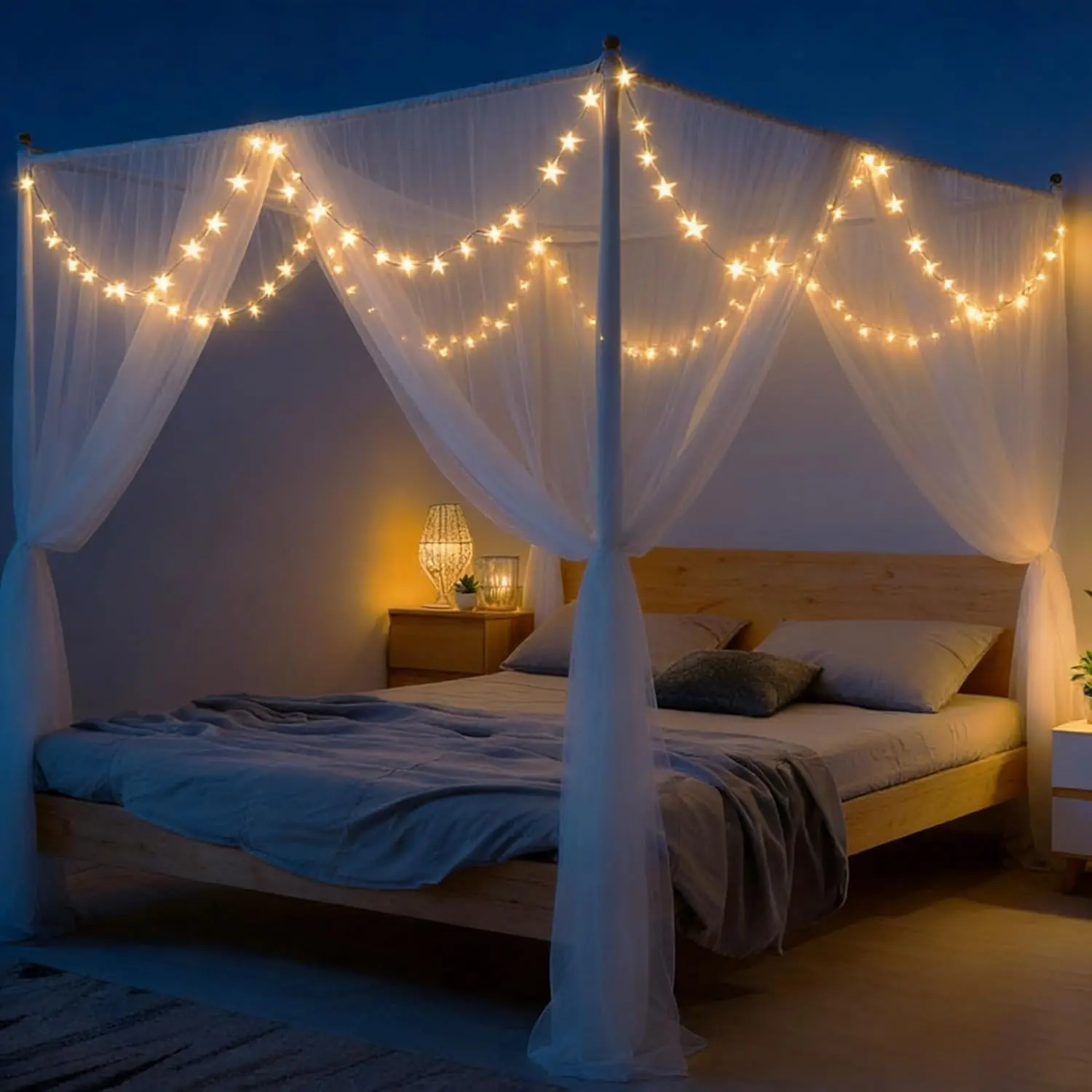4-Opening Net Bed with 66ft LED Star String Lights, Breathable Bed for Queen Beds, 7.2ft x 6.6ft x 8.5ft (H) White