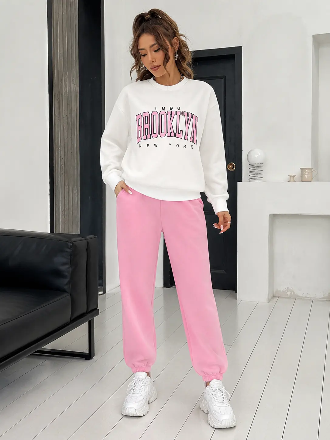 Women's 2-Piece Matching Long Sleeve Casual Pullover Hoodie & Pants Set - Green, 1898 New York Brooklyn Letter Print, Hip Japanese Style, Everyday Polyester Outfit, 2 Piece Sets