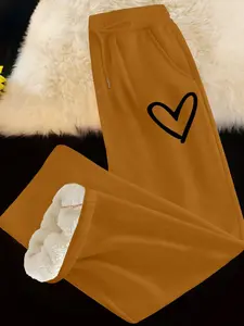 Women's Fleece Lined Thick Long Drawstring Pants, Heart Pattern Print, Lamb Wool Inner Warmth, Casual Fall & Winter Wear