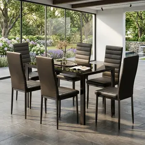 7 Pieces Modern Rectangular Dining Table Set, Tempered Glass Top Dinner Desk With Iron Frame, 6PCS Soft PU Leather Sponge Chairs, Heavy Duty Household Dining Furniture For Home Kitchen Living Room Family Gathering Use