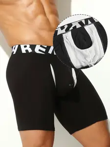 1pc Men's Solid Plain Long Athletic Boxer Briefs, sportswear Bamboo Fiber Mesh Breathable Fabric, Separate Inner Pouch with Double Side Openings, Comfort Fit for Home & Sports