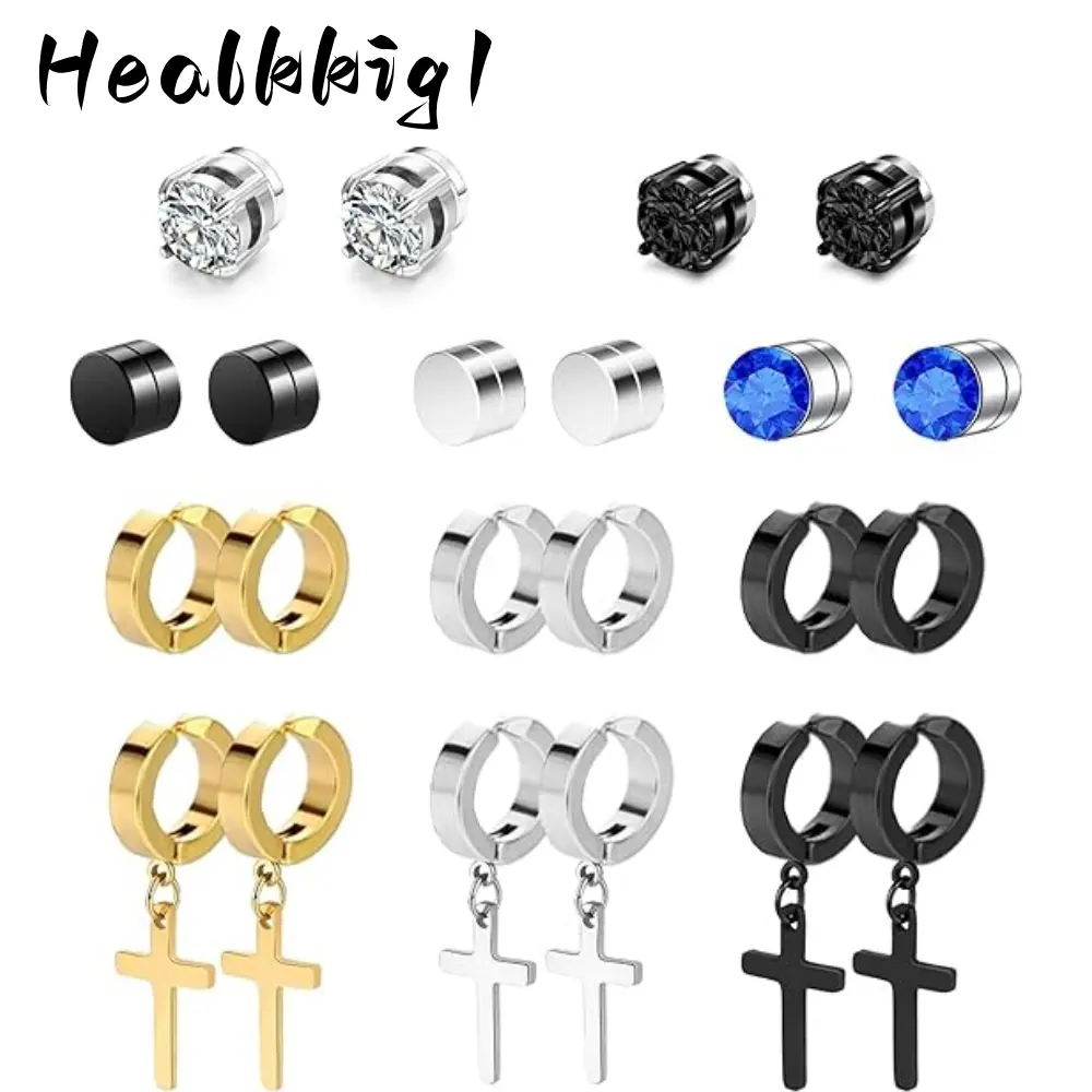 11 Pairs Magnetic Stud Earrings, Stainless Steel Non Piercing Earrings Set for Men Women, Lightweight Vintage Hoop & Clip On Jewelry, Hypoallergenic