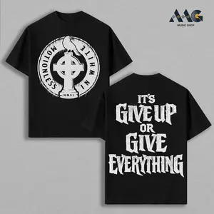 Motionless In White Celtic Cross Crow Logo Vintage Washed Shirt, Metalcore Band Lyric Graphic Tees, It’s Give Up Or Give Everything Retro Streetwear, Heavyweight Cotton Goth Style Music Shirt, Alternative Rock Fan Apparel, Dark Urban Graphic Tee