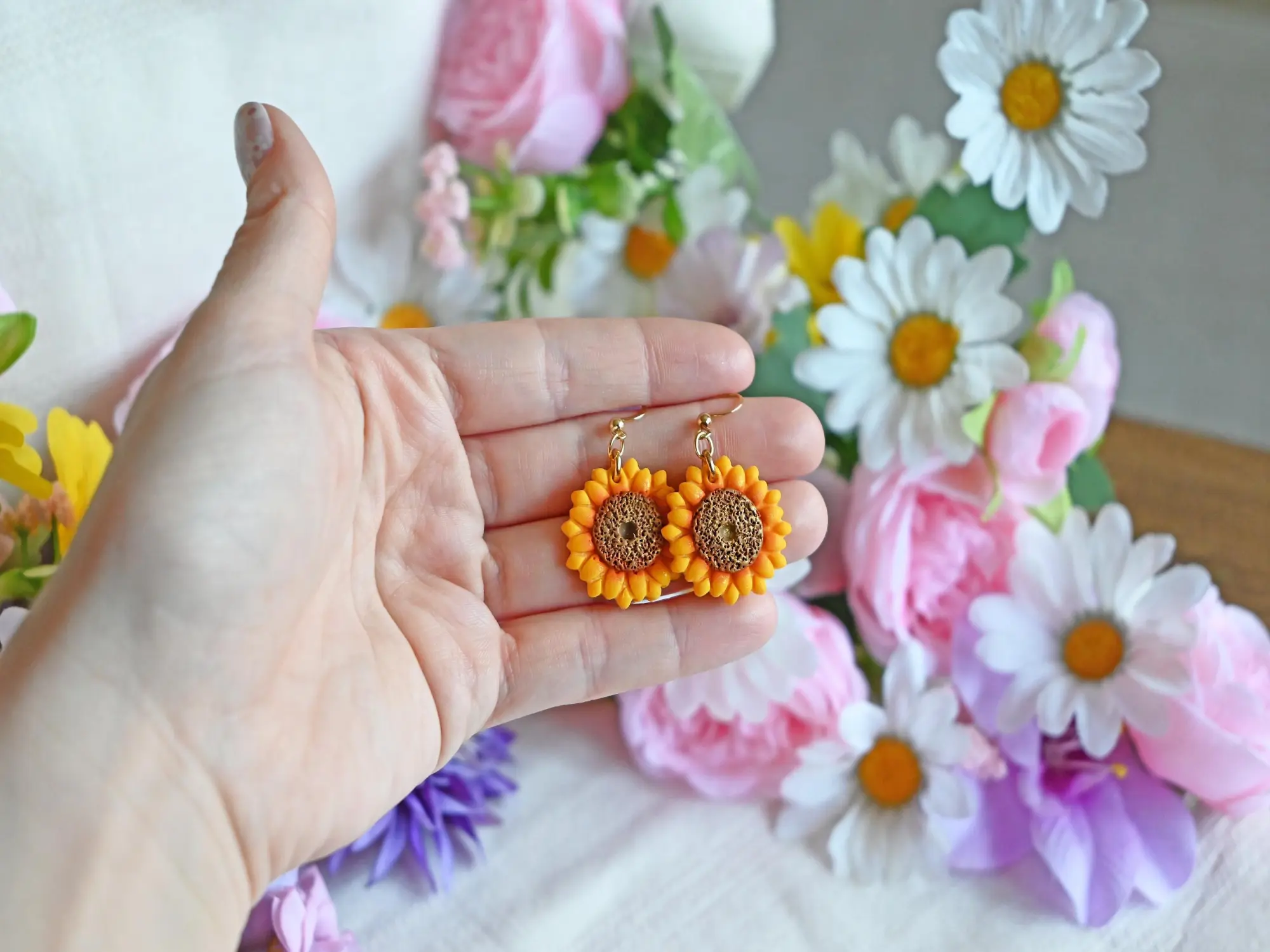 Sunflower Polymer Clay Earrings with Gold Hooks Handmade Lightweight Dangle Charms for Sunflower Lovers Floral Gifts Hypoallergenic Tarnish Resistant Jewelry