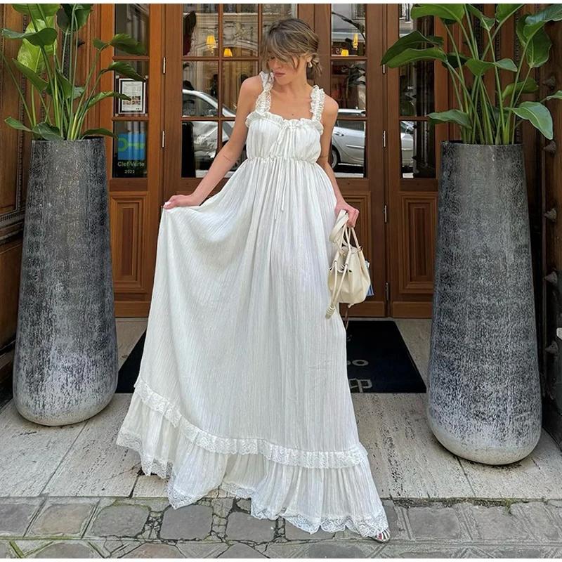 Women's Elegant White Tiered Cami Long Dress Lace Trim Ruffle Flowy Maxi Sundress Sleeveless A-Line High Waist Summer Dress