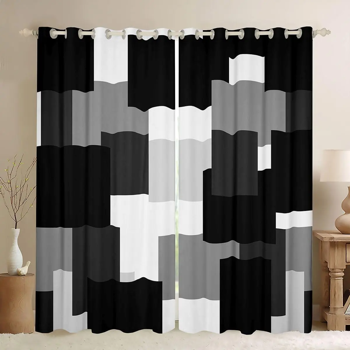 Geometric Curtains for Bedroom Living Room Black Gray Blackout Darkening Drapes Plaid Buffalo Check Window Treatments,2 Panels Modern Art Room Decor,back to school,dorm essentials,home decor,home essentials