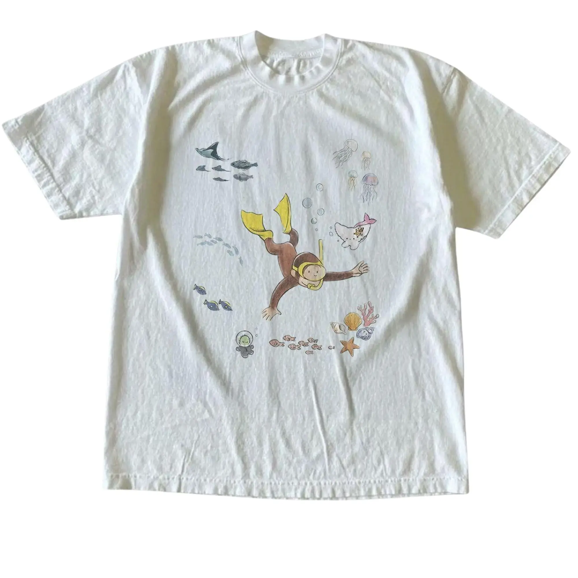Curious George Scuba Diving Deep Sea Graphic T-Shirt, Cute Cartoon Monkey Swimming with Colorful Ocean Fish and Jellyfish Illustration, Unisex White Streetwear Tee, Summer Resort Outfit