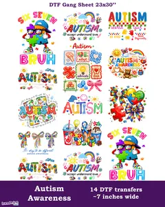 Autism Awareness DTF Gang Sheet for Kids: 14 Ready To Press Transfers ~7 inches wide. 23x30