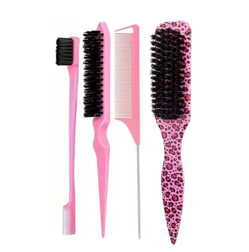 Edge Control Brush & Comb Set – 1pc or 4pcs Baby Hair Styling Kit – Pink, Black, Purple & Pink Leopard – Sleek Edges, Parting Comb, Soft Bristle Brush