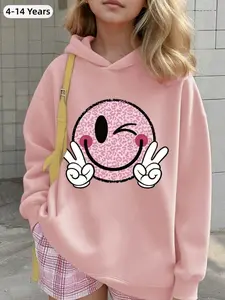 Cute Smiley Print Hoodie for Girls, Fashionable Happy Print Casual Sweatshirt, Versatile Girl's Top for Spring Autumn Winter