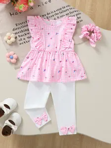 Baby Girl Spring Summer Set, Plaid Top & Bow Pants Hair Tie, Casual Fitted 3-Piece Set for 6-36 Months, Baby Clothing