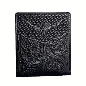 Western Cowboy Genuine Leather Wallet For Men, Floral Ox Head Embossed Cowhide Leather Short Bifold Wallet, Ideal Gifts For Father, Grandfather And Husband