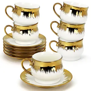 Espresso Cups with Saucers, Ceramic Coffee Cup Set of 6, 3.5 OZ Turkish Coffee Cup Set, Stackable Coffee Cup Gift for Cappuccino, Latte, Cafe Mocha and Tea, Dishwasher & Microwave Safe
