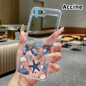 Seashell Symphony Pattern Protective Case for Z Flip 7/6/5/4, Double Protection Transparent Foldable Cover with Camera Lens Guard