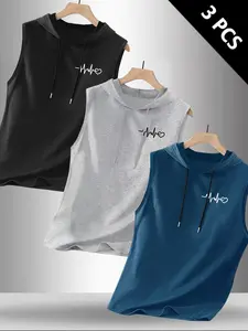 Men's 3-Pack Heartbeat Print Sleeveless Hooded Tank Tops, Casual Gym Muscle Vests, Drawstring Hoodie Tees #3PackTankTops #HeartbeatPrintTank #GymMuscleVest #HoodedTankTop #TikTokMadeMeBuyIt