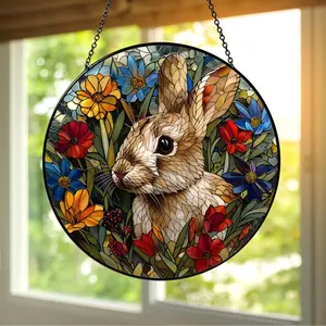 Easter Bunny Acrylic Suncatcher, Floral Rabbit Window Hanging, Faux Stained Glass Spring Decor, Easter Basket Gift Idea