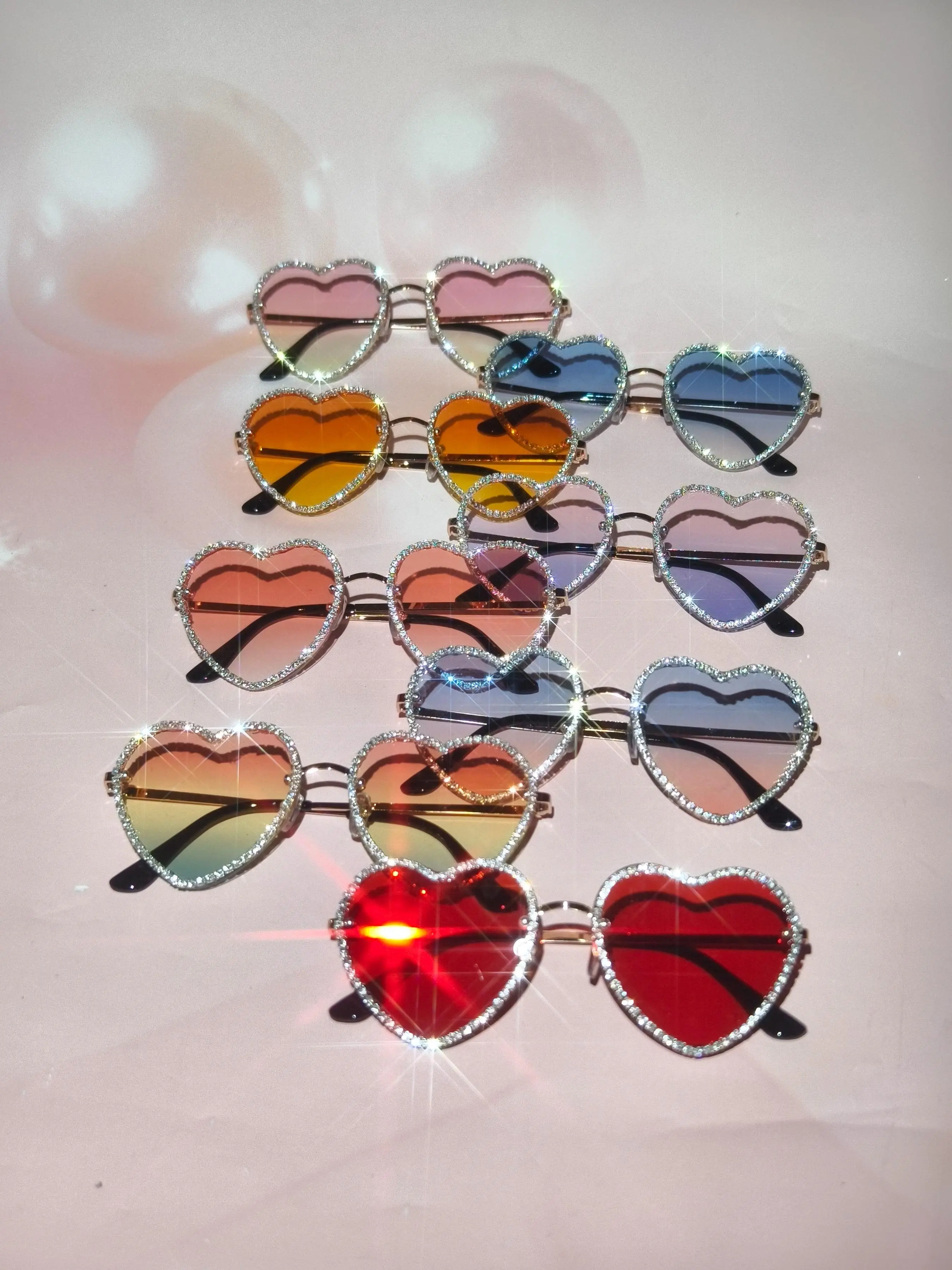 Heart Shaped Sunglasses Set, Rhinestone Decorated Sunglasses, Fashionable Sunglasses for Women & Girls, Fashion Accessories for Everyday Use, Eyewear, Stylish Shades