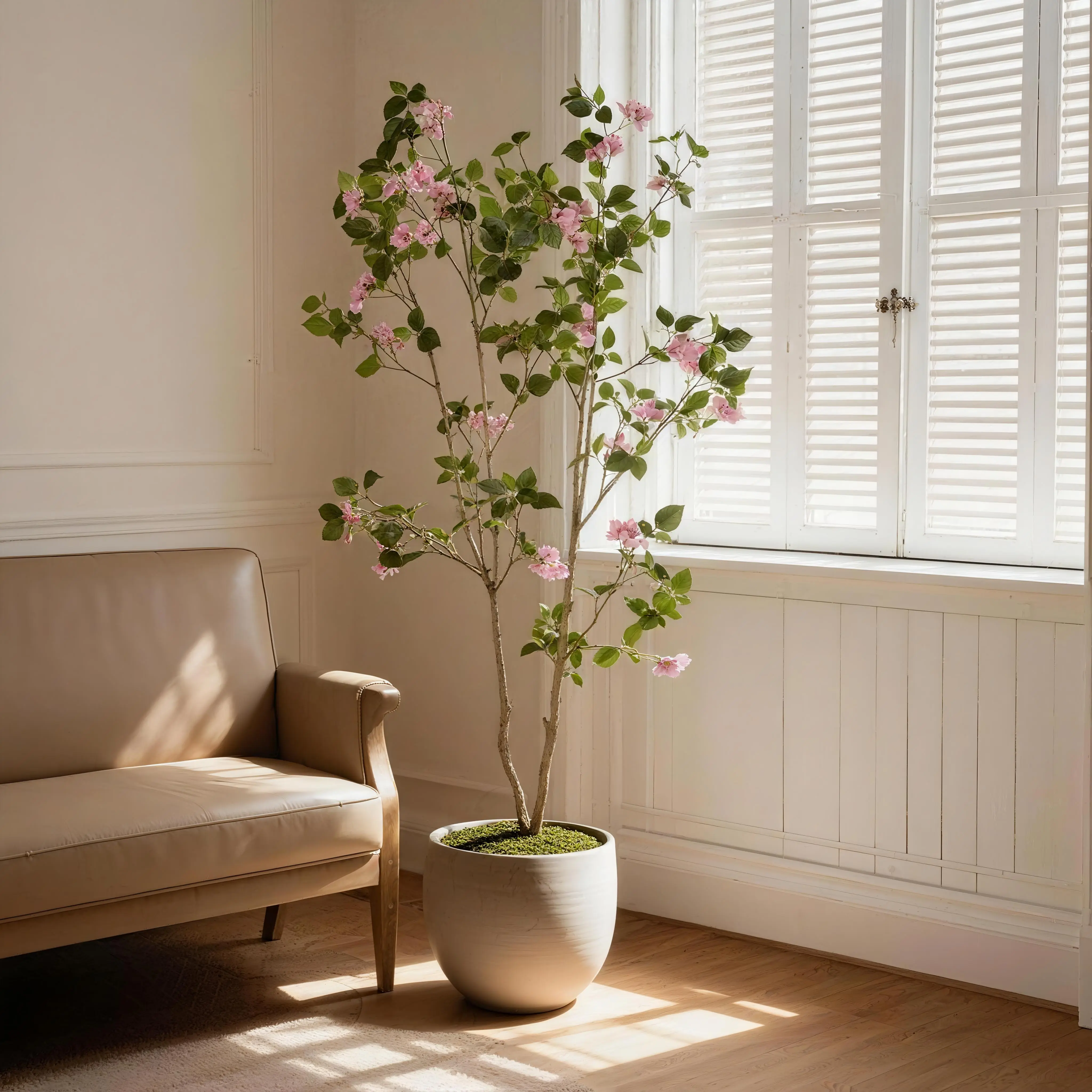Lifelike Plastic Bougainvillea Triangle Plum Tree, 5-6FT Tall Decorative Fake Plant with Multiple Branches, Green Leaves & Pink Blossoms, Indoor/Outdoor Pot Decor for Home Room Office, Flowers