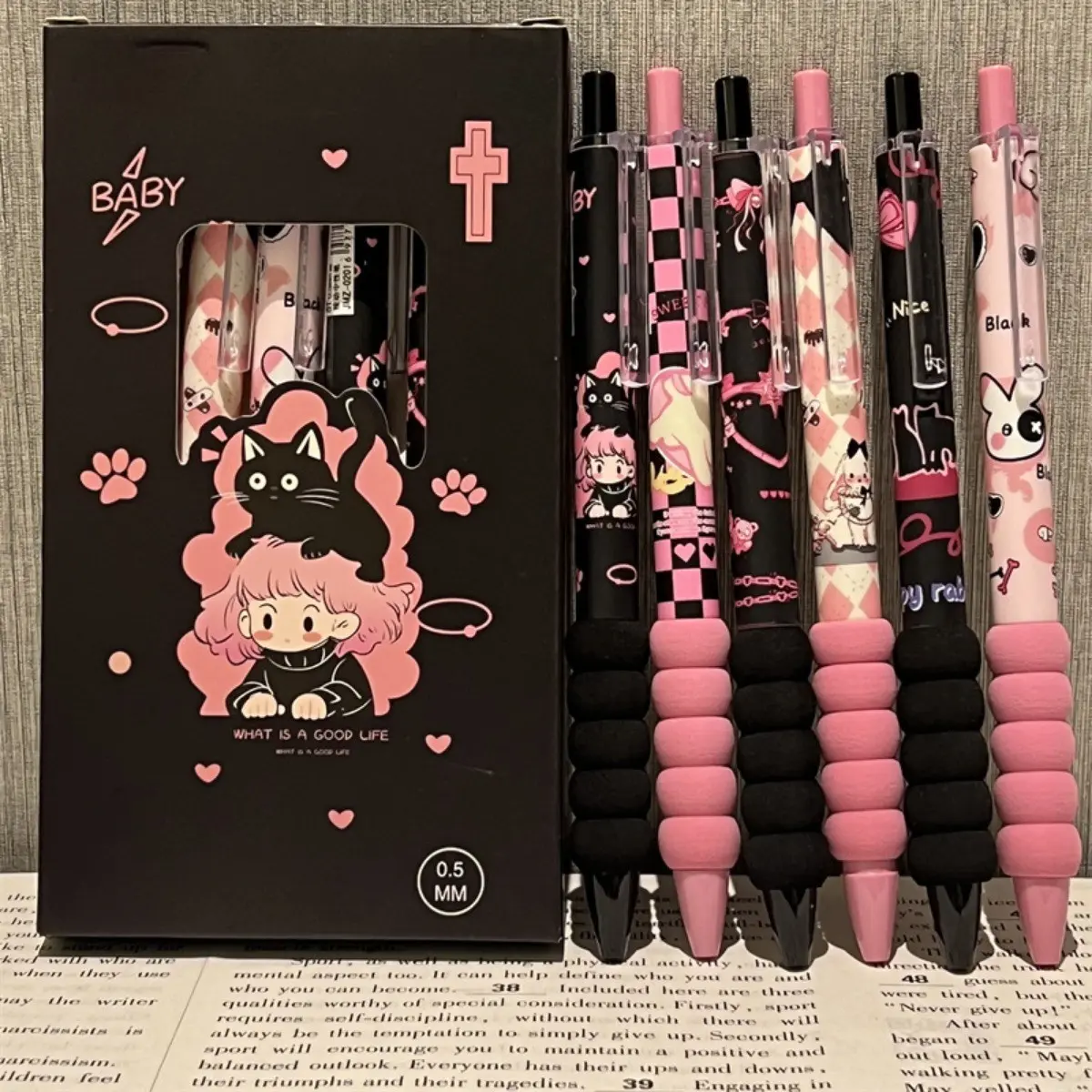 6/12/24-piece set of dark-themed cat-girl press-button pens Stylish quick-drying gel pens, Smooth Writing Pens, Writing pen with 0.5mm black nibs School and office supplies Back-to-school season Top choice for Valentine's Day, Christmas and festive gifts