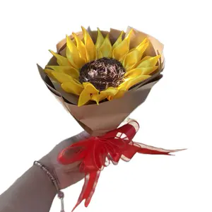 Eternamente Girasol Rústico Yellow Eternal Sunflower Flower with Red Ribbon in Brown Paper wrapping, Elegant Design for Versatile Gift Giving