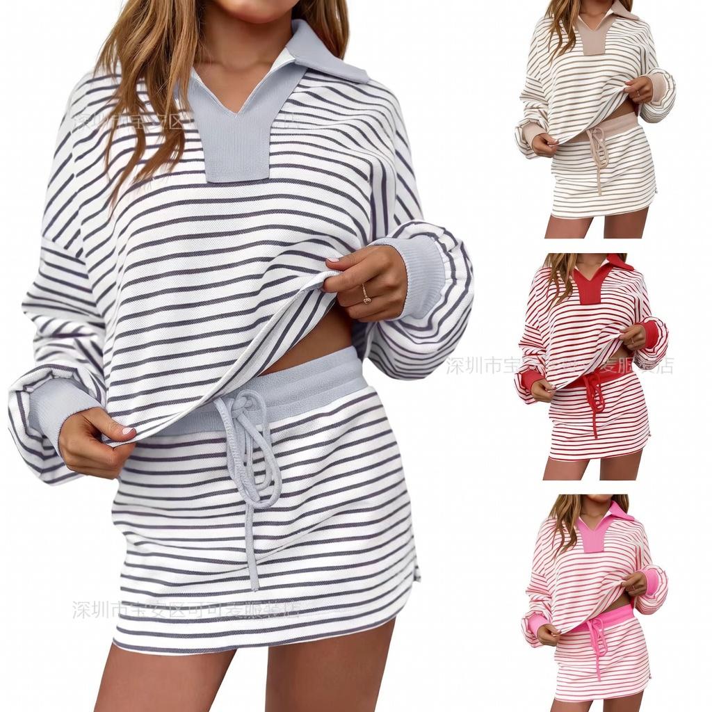 Women's 2-Piece Striped Lounge Set – Oversized Long Sleeve Polo Sweatshirt and Drawstring Mini Skirt Set – Trendy Fall 2025 Streetwear Casual Tracksuit