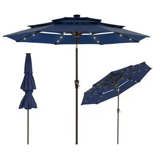 [HOT] Garvee 9FT 3-Tier Solar LED Patio Umbrella, UV-Resistant Outdoor Market Umbrella with Crank & Tilt, 24 LED Lights & 8 Ribs, Navy Blue,Light Blue / 9', Khaki / 9'