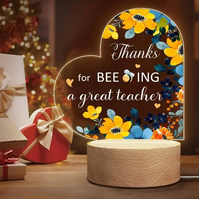 Acrylic Glowing Figurine USB Powered Wooden Base, Fun Teacher Thank You Gift, Best Gift for Female Teachers, Decorative Floral Office Decor, Desk Decor, Home Decor Gifts, Artistic Home Accessory