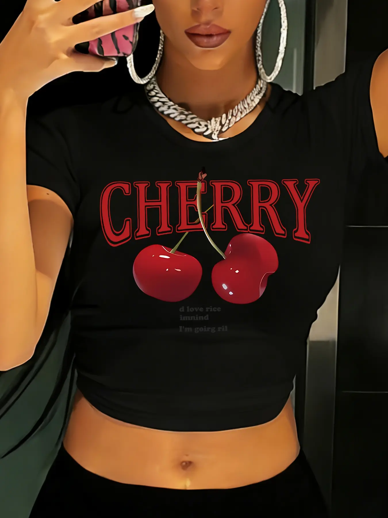 women Cherry Fruit Print Crop T-shirt, Y2K Short Sleeve Slim Top, Women's ClothingCute Crop baby Tee.