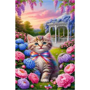 1PCS Diamond Painting Kit Cute Kitten with Colorful Bow in Flower Garden Gazebo Sunset Cross Stitch Art