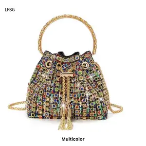 Diamond Bucket Bag Tassel Rhinestones Handbag with Colorful Tassels and Gold Handles Rhinestone Decorated Evening new bags