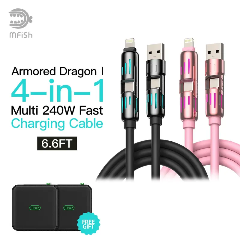 [Buy 1 Get 1 Free] mfish Universal 4-in-1 Multi USB Charging Cable – USB A, Type C, Lightning Connectors – MAX 240W Fast Charging & Data Sync for iPhone, Samsung and Efficient Electronic Smartphones