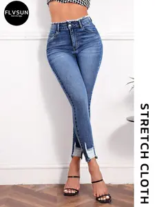 Elastic Skinny Ripped Blue Jeans with Raw Hem, Women's Fashion Denim Jeans, Womenswear, Casual Style, Medium Stretch, All Seasons Wear