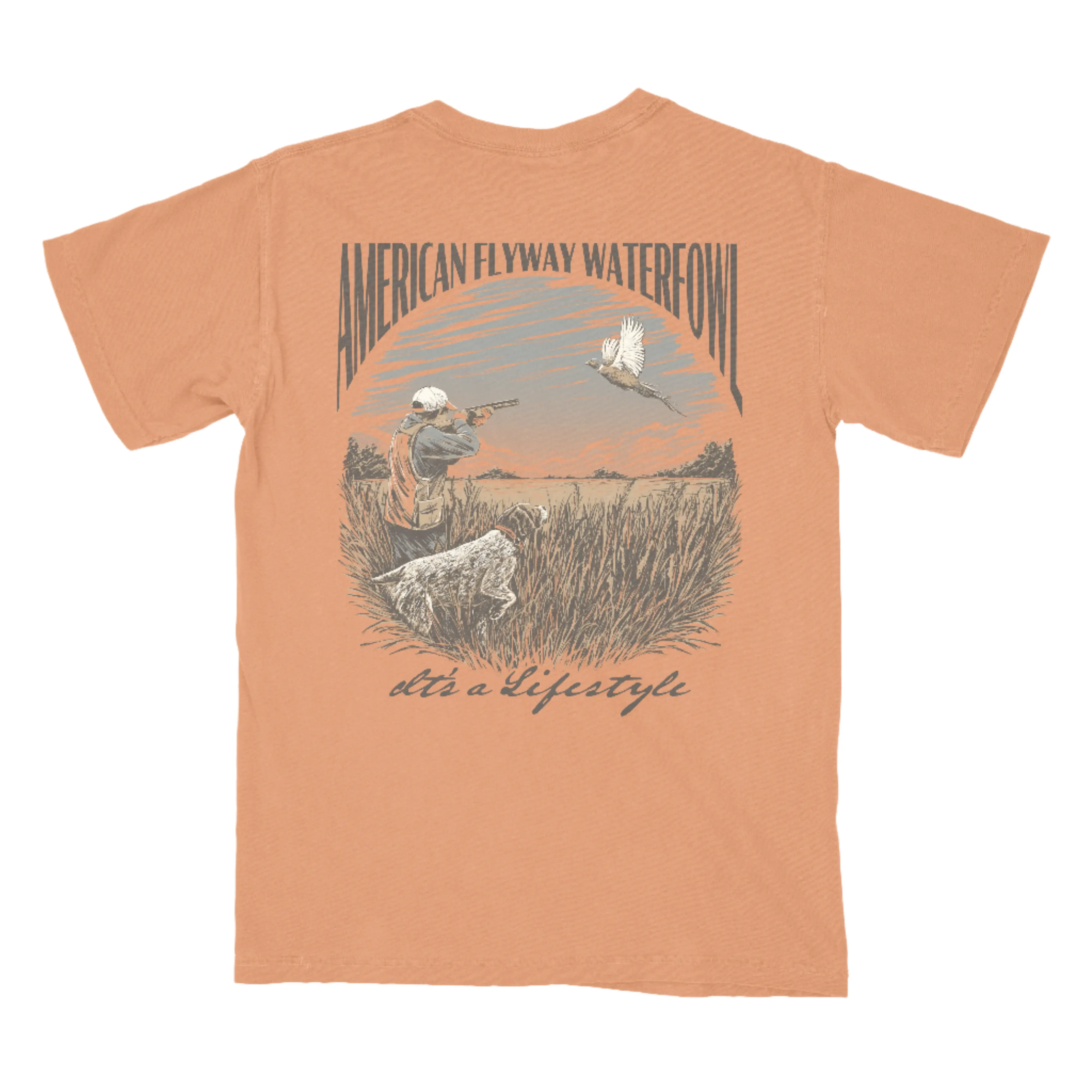 American Flyway Waterfowl Men's Elegant Burnt Orange Fitted Pheasant Print Graphic Tshirt - Short-Sleeve, Round Neck, Pocket Detail, Flying Bird Art, Field-to-Casual Sports & Outdoor Top, Shortsleeve, Graphic Tees