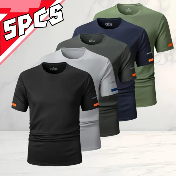 4-pack crew neck short-sleeve T-shirts, minimalist athletic style, breathable skin-friendly fabric, contrasting sleeve design, slim fit but not tight, for men’s fitness and everyday wear.