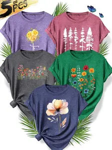 5Pcs Women's Crew Neck T-Shirts, Watercolor Floral & Forest Series Print, Multiple Colors Available, Machine Washable, Spring & Summer Tops, Soft Skin-Friendly Fabric, Daily Versatile, Fashion Design