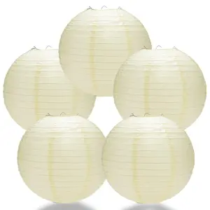 5-PACK 10" Ivory Round Paper Lantern, Parallel Ribbing, Chinese Hanging Wedding & Party Decoration