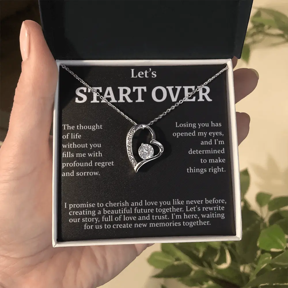 "Let's Start Over" Heart Pendant Necklace.Forever Love Heart Necklace with Romantic Message Card, Apology Reconciliation Jewelry Gift for Girlfriend Wife Soulmate.