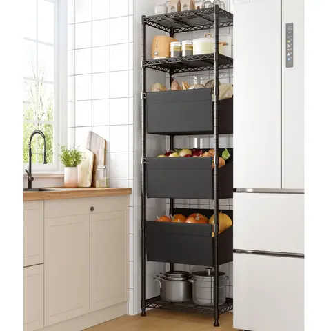 Raybee Furniture 6-Tier Rectangle Wire Freestanding Storage Rack - Durable Metal Shelves, Adjustable Floor-Mounted, Flexible Configuration Shelving & Storage, Compact Setup, Basket-Compatible for Kitchen Pantry