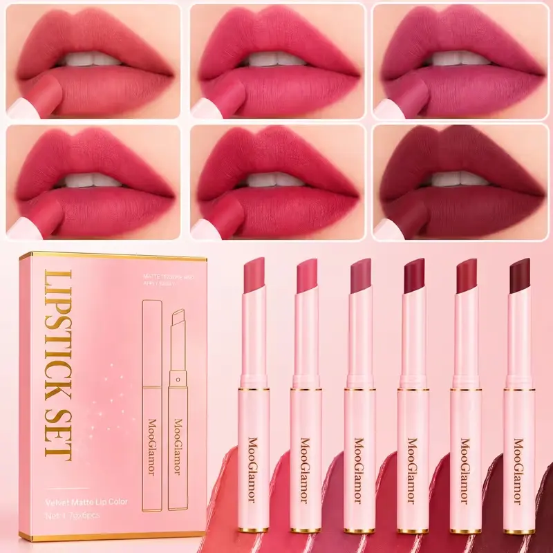 MooGlamor 6Pcs Flattering Matte Lipstick Set Non Drying Non Fade Creamy Nude Rose Lip Golssy Waterproof Smooth Slim Cosmetic Long Lasting Natural Look Beauty Makeup tiktokshopbacktoschool