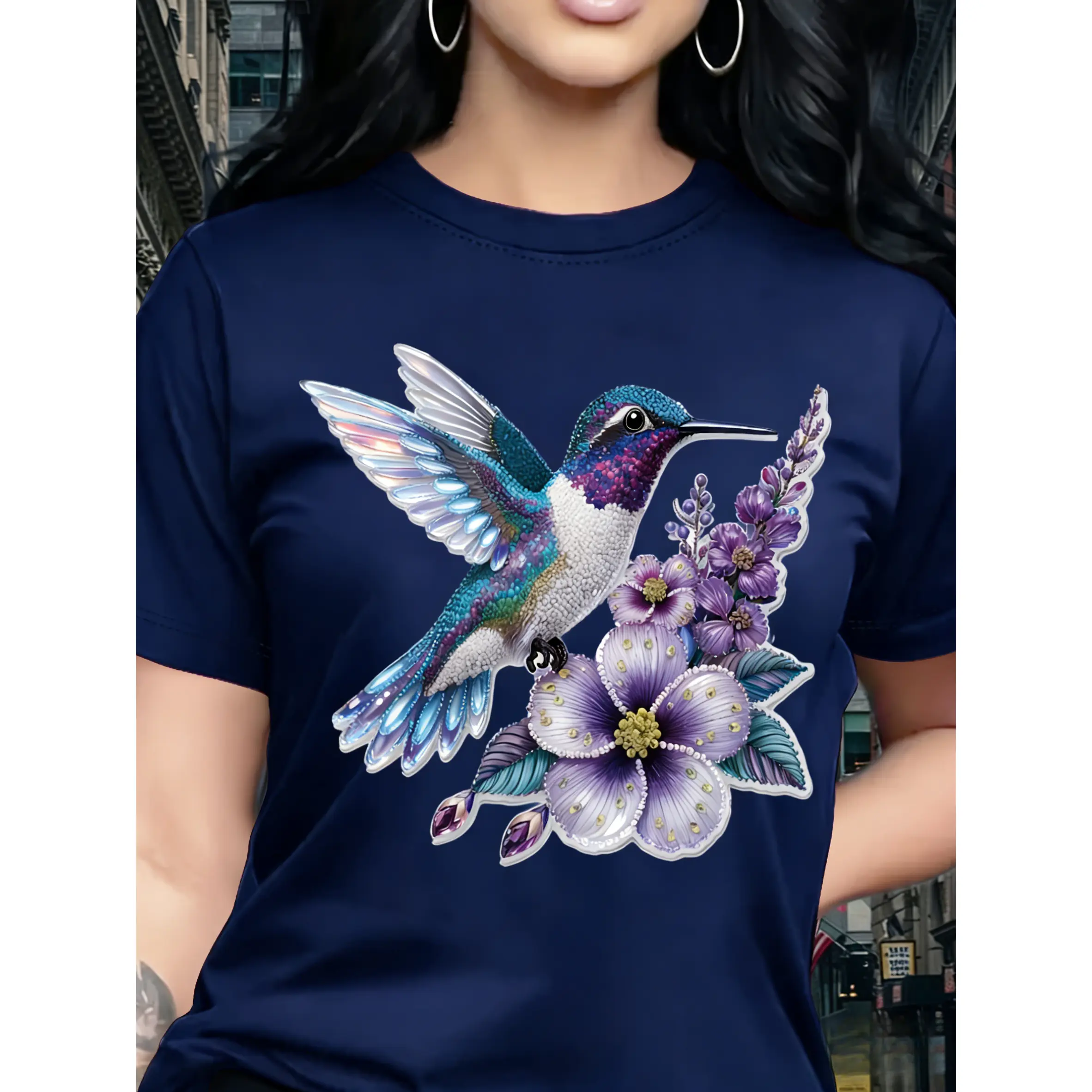 100% cotton, bird and flower pattern women's fashion casual T-shirt, short-sleeved round-neck top, birthday gift, travel vacation, party, sweet and elegant, gift for girlfriend, gift for mother