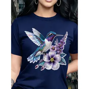 100% cotton, bird and flower pattern women's fashion casual T-shirt, short-sleeved round-neck top, birthday gift, travel vacation, party, sweet and elegant, gift for girlfriend, gift for mother,summervibes