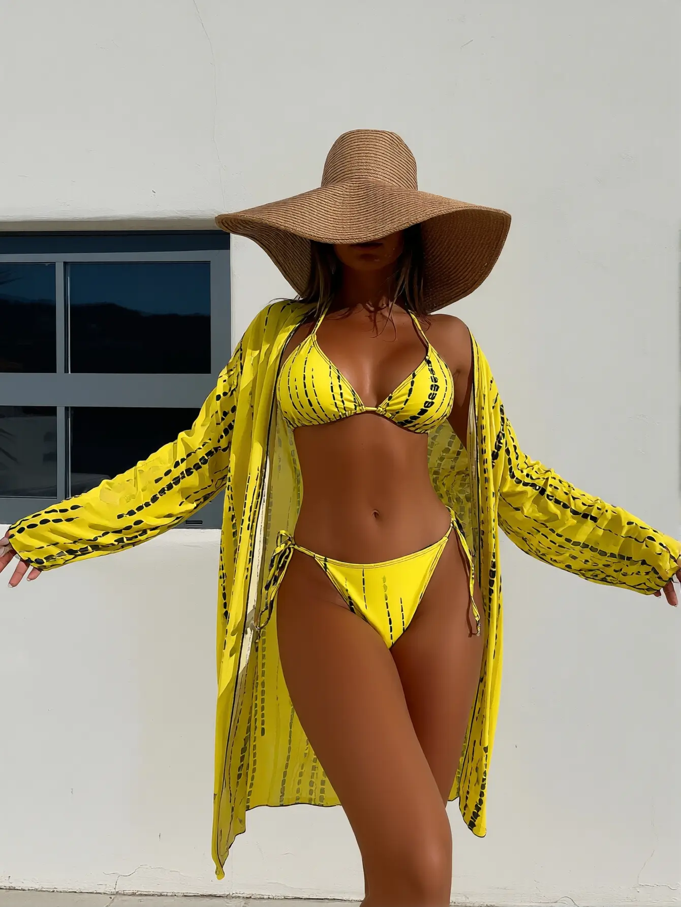 Women's 3-Piece Polyester Beachy Bright Custom-Fitted Tie-In Bikini Set - Yellow Letter Print Triangle Top, Tie Bottom, Long Sleeve Cover Up Swimwear Outfit, Beachy Bikinis Set, Bright Bikinis Set