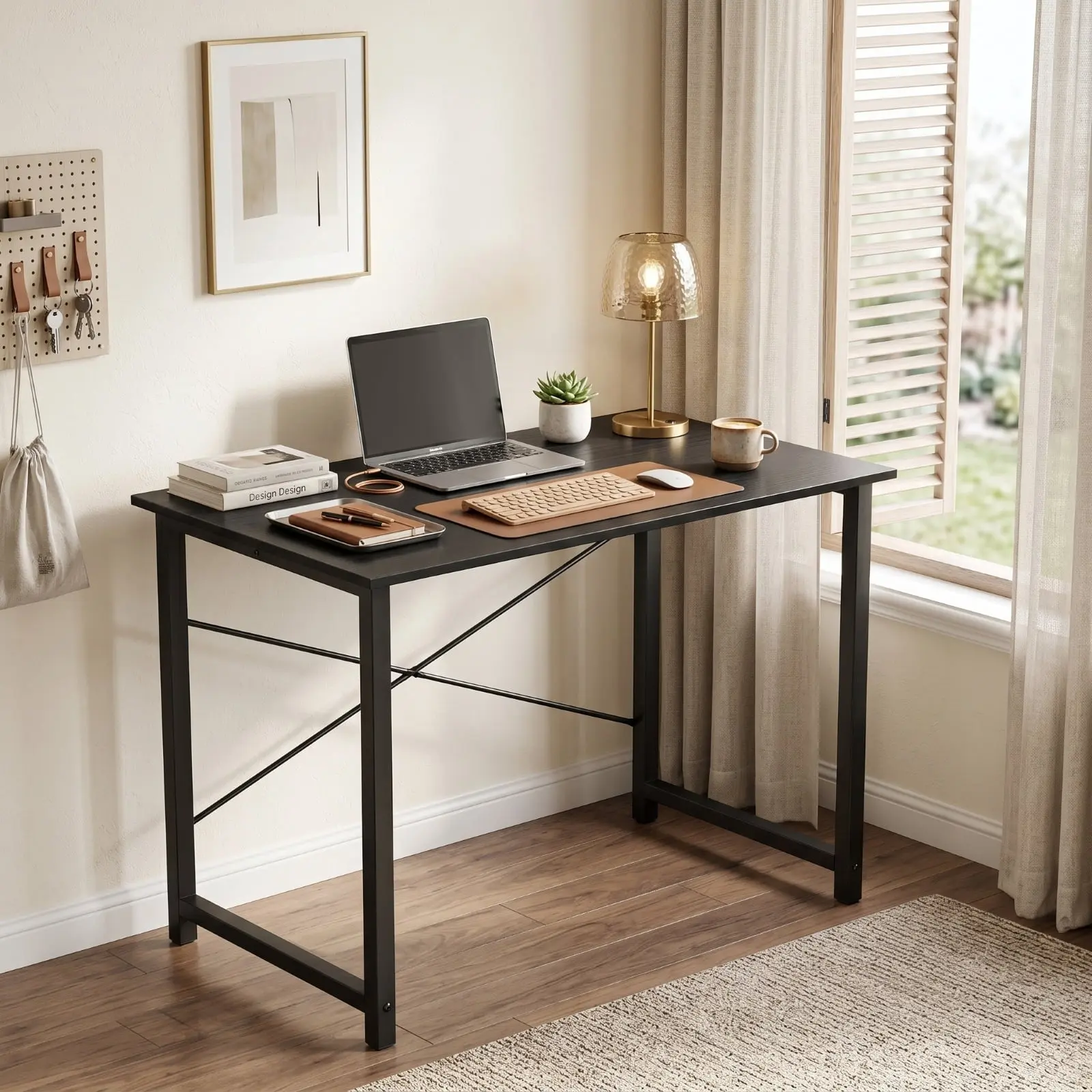 31-Inch Brown Modern Space-Saving Durable Office Desk - Scratchproof Surface, Sturdy Metal Frame, Adjustable Feet, Built-In Storage Pockets, Side Hooks for Dorm Room Laptop & Textbook Study Tasks